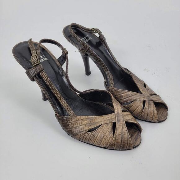 Stuart Weitzman Snakeskin Strappy Pumps Leather Peep Toe Brown Size 7.5M - Picture 1 of 7